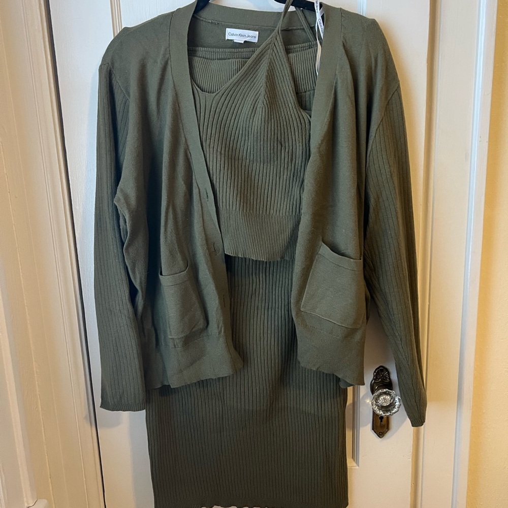 Calvin Klein Ribbed Knit Cardigan and skirt Set